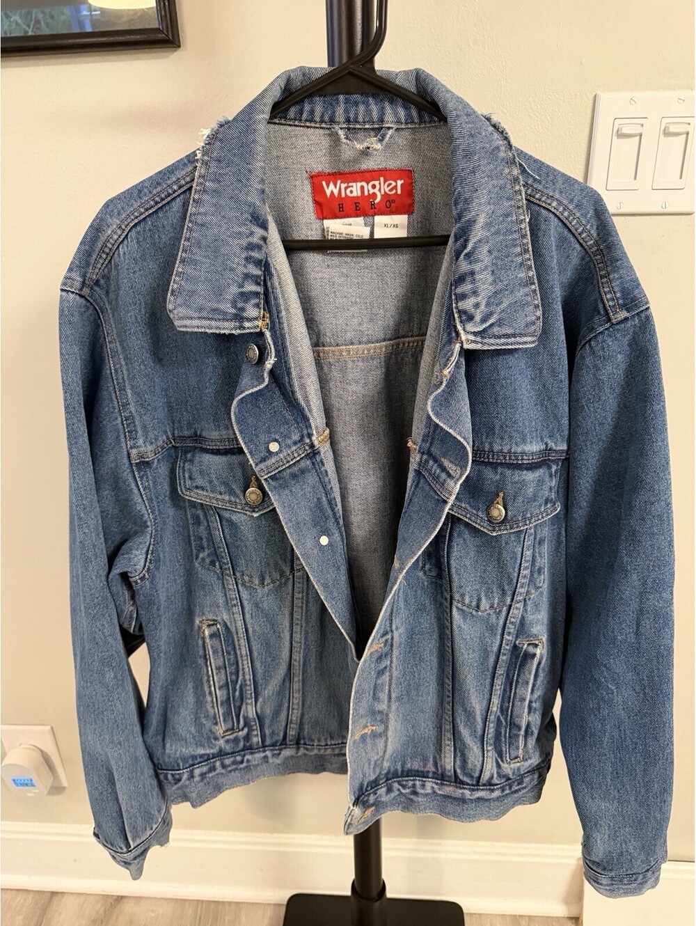 VTG Wrangler Hero Denim Jacket Mens Blue Jean Trucker Cotton 90s Cowboy Size XL